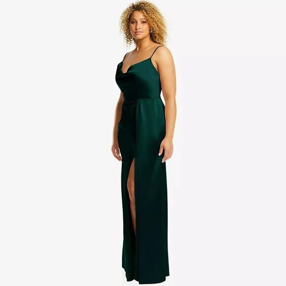 Dessy Group cowl necked wrap maxi dress w/ front slit in Evergreen NWT sz 22W - Picture 3 of 16